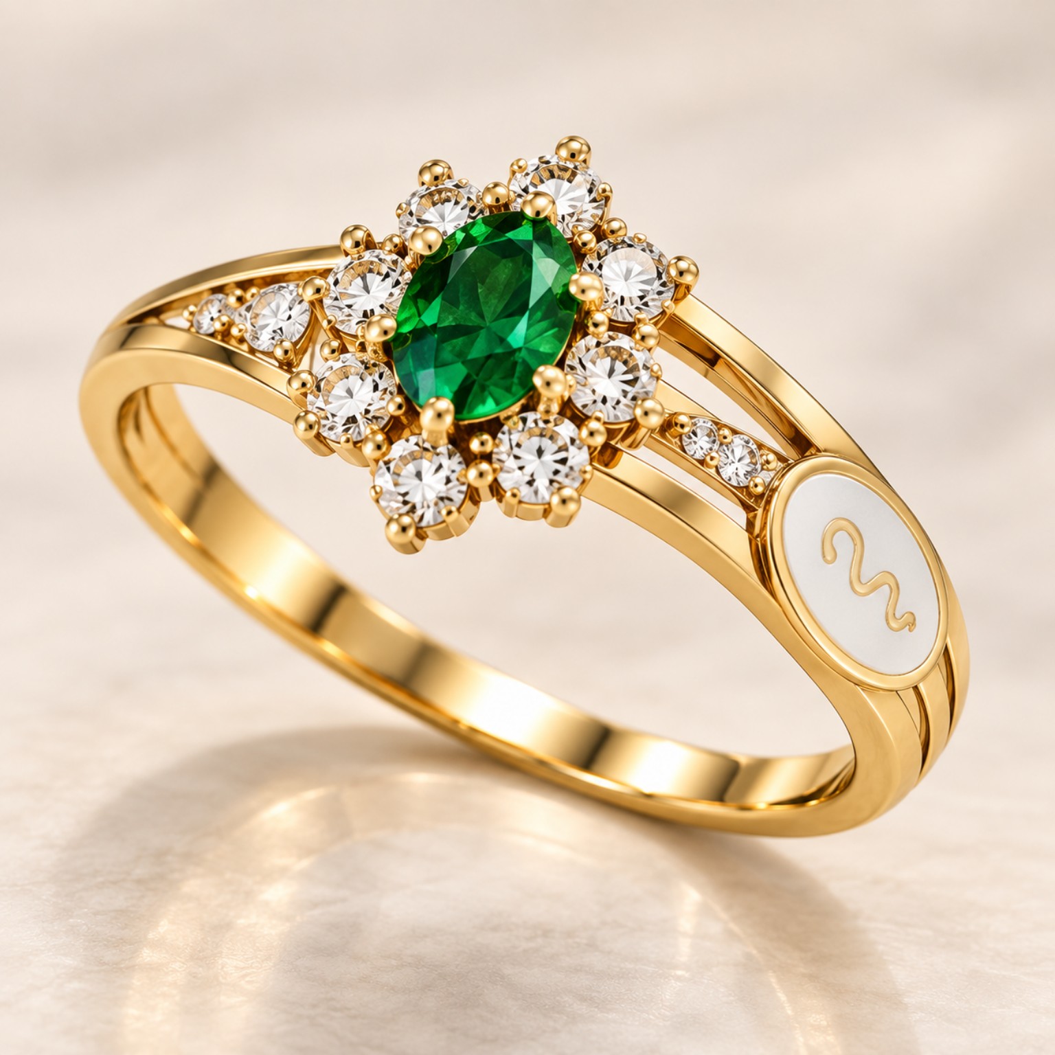Anel de formatura em ouro amarelo com pedra verde e diamantes